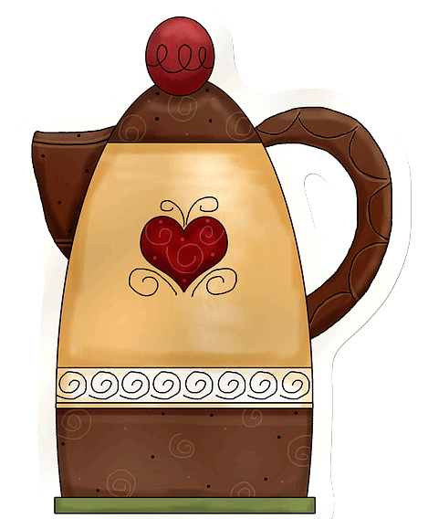 갈색의 커피포트가 있다. 손잡이와 뚜껑은 고동색이고 튼튼한 알루미늄으로 만들어졌다.