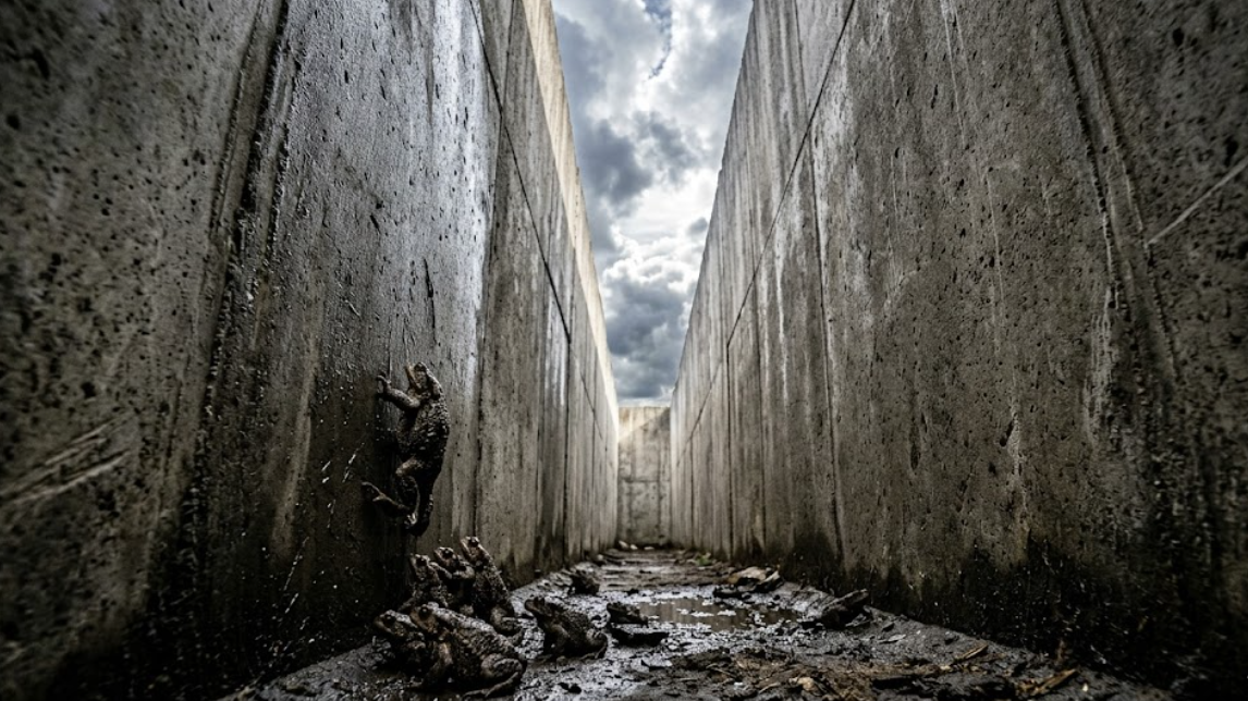 수직 콘크리트 배수로에 갇혀 탈출하지 못하는 두꺼비들의 모습