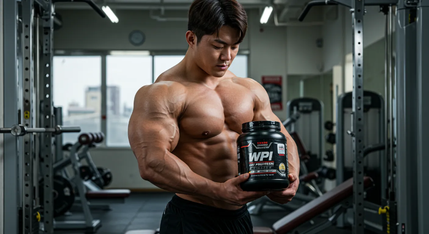 헬스장에서 WPI 보충제를 들고있는 트레이너