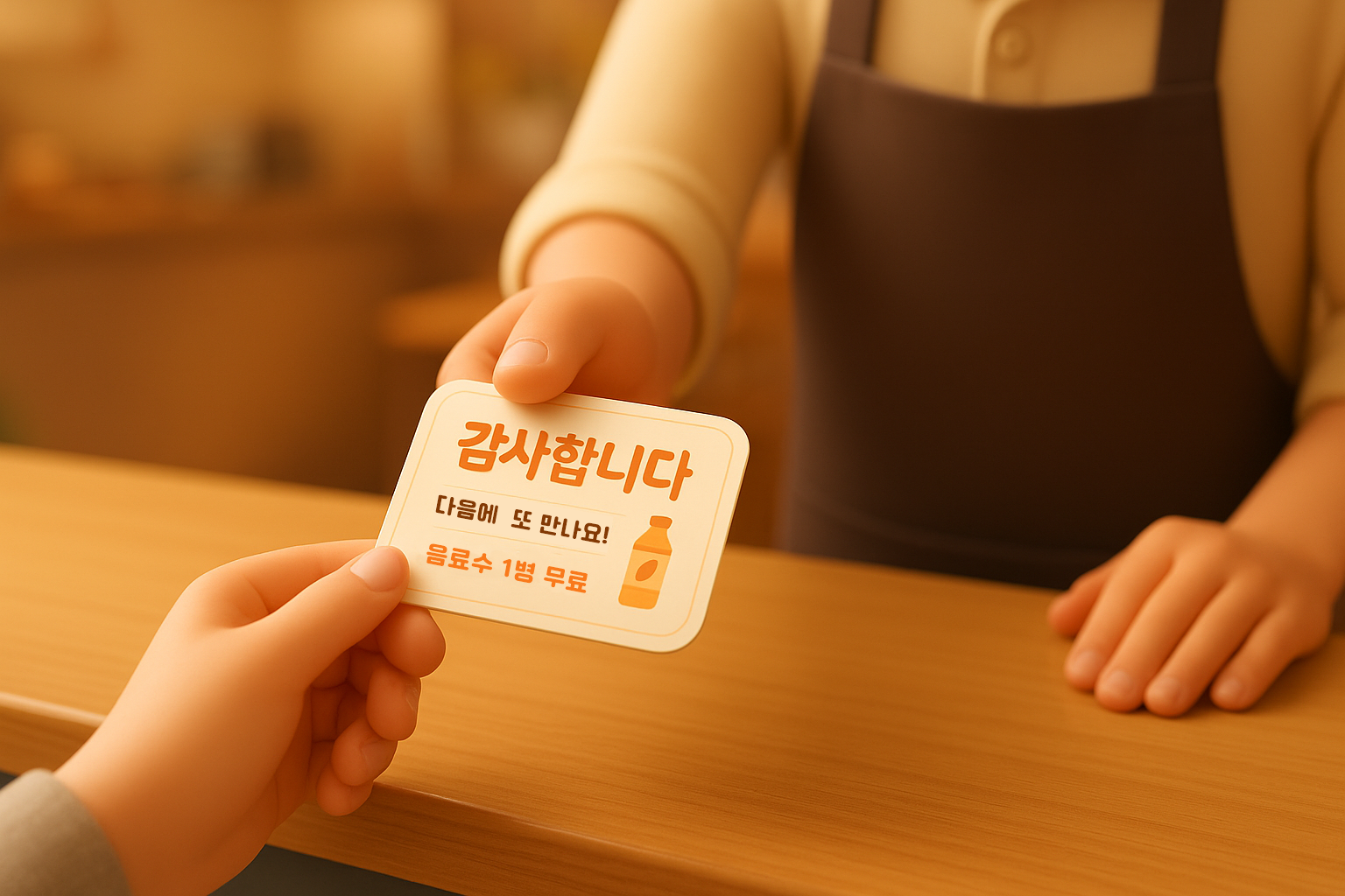 사장님이 결제를 마친 손님에게 '재방문 감사 쿠폰'을 건네주는 장면