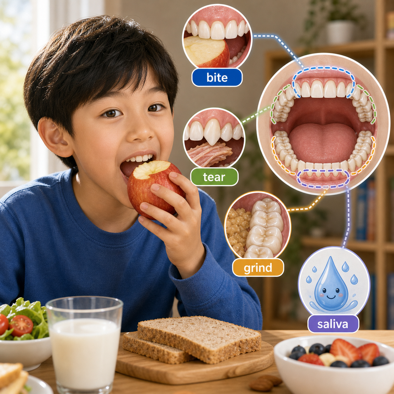 A student learning how teeth help us eat food