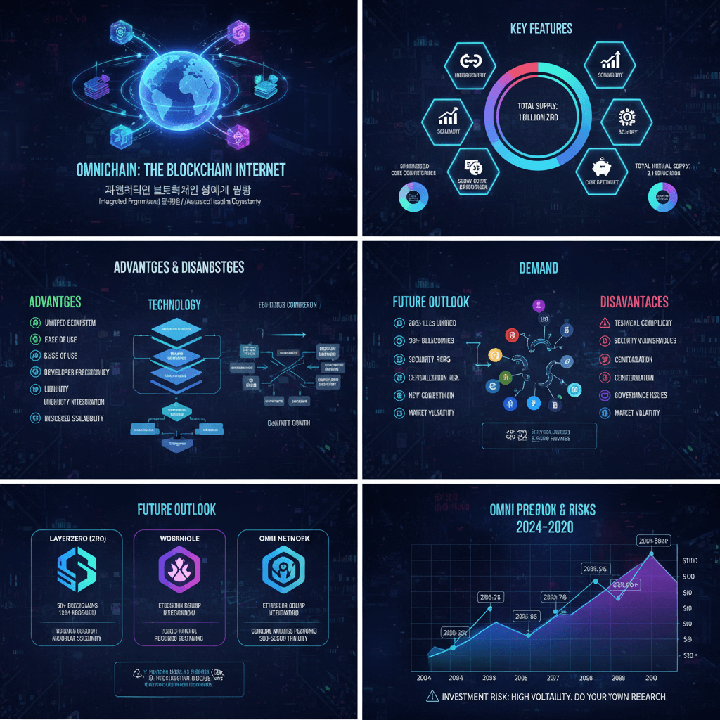 옴니체인 블록체인 인터넷의 특징, 장단점, 미래 전망 및 위험을 다룬 인포그래픽