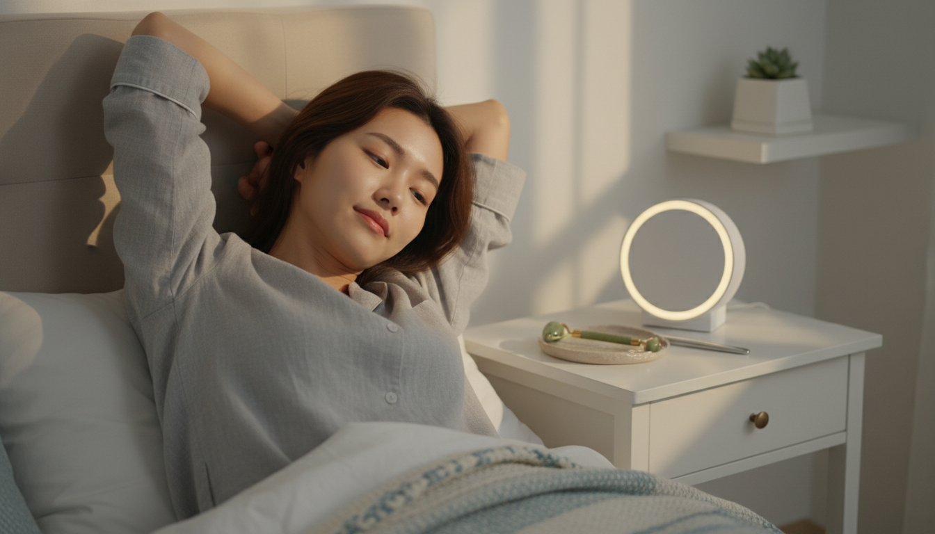 서서히 밝아지는 스마트 알람 조명으로 상쾌하게 기상하는 20대 한국 여성의 모습