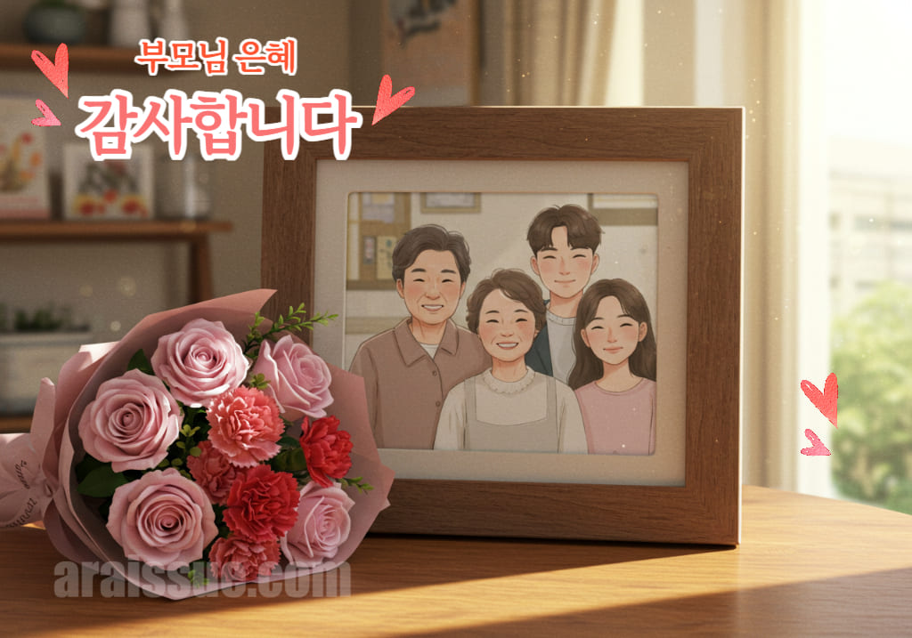 건강 선물용으로 밝은 실내에 단정한 캐주얼 복장의 50대 한국인 엄마 아빠와 20대 아들과 딸이 함께 찍은 가족사진이 액자에 담겨 있고, 그 앞에는 핑크 장미와 붉은 카네이션 꽃다발이 놓여 따뜻하고 감성적인 분위기
