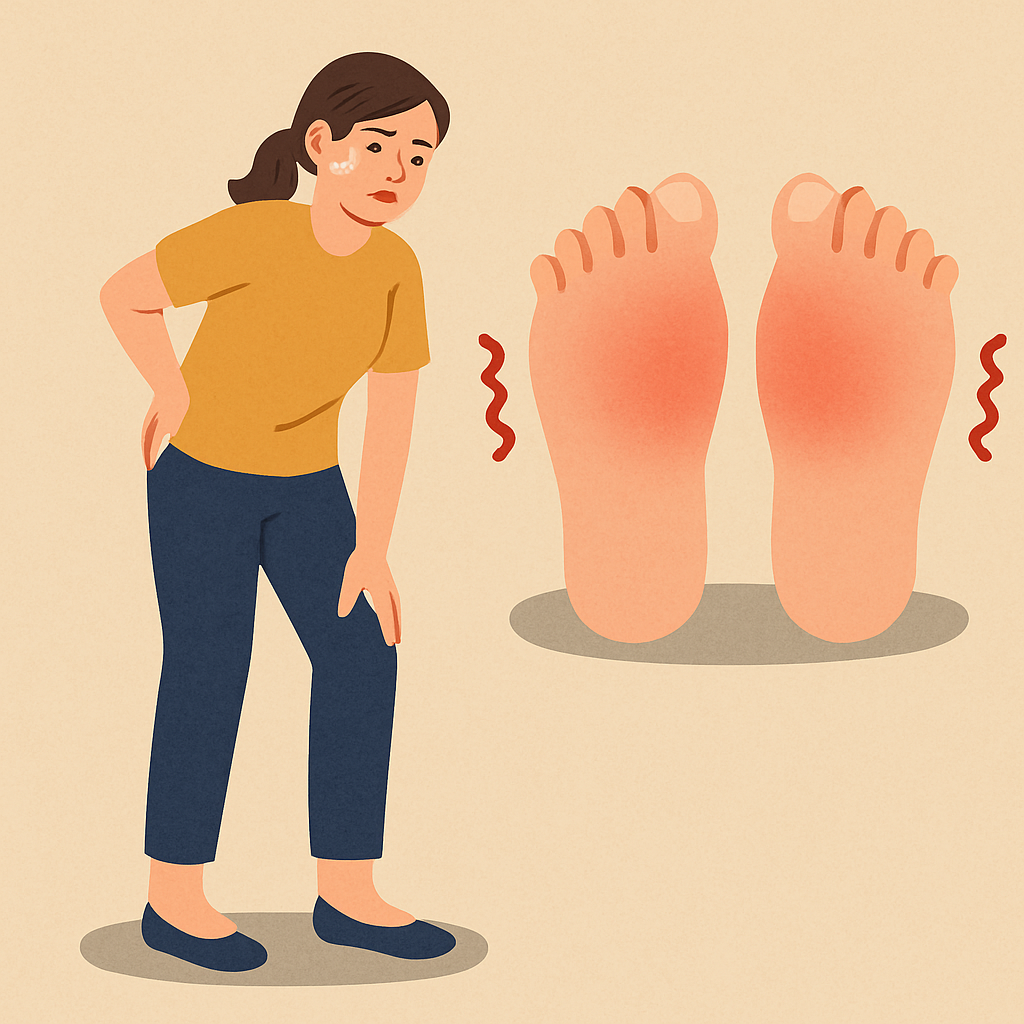 오래-서-있어-발이-붓고-불편함을-느끼는-여성과-붉게-부은-발의-모습을-함께-표현한-이미지로-장시간-기립으로-인한-혈액순환-문제를-나타낸-장면