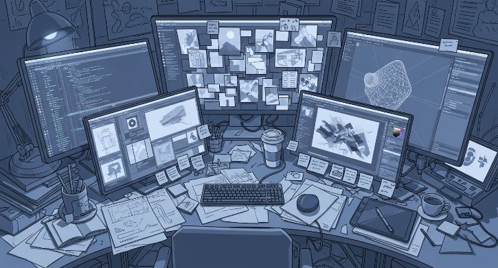 여러 개의 열린 창과 산만한 문서가 있는 어수선한 책상, 파편화된 창작 워크플로우를 상징합니다.