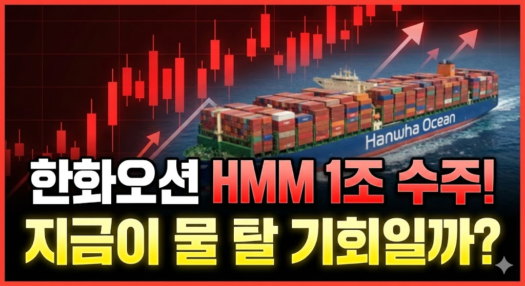 상승하는 붉은색 주식 차트와 한화오션 컨테이너선을 배경으로, "한화오션 HMM 1조 수주!"라는 강력한 메인 카피와 "지금이 물 탈 기회일까?"라는 서브 카피를 강조하여 클릭을 유도하는 썸네일입니다.