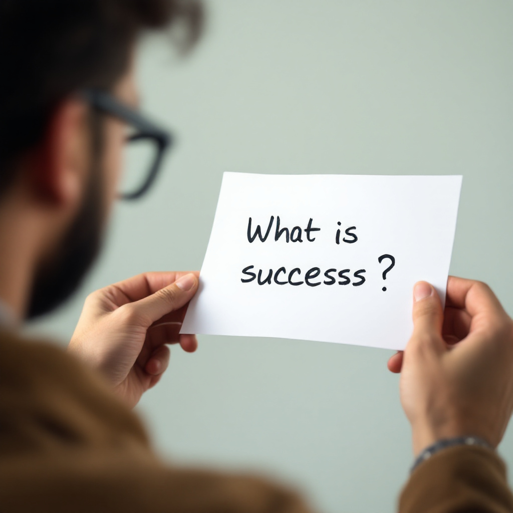 "성공이란 무엇인가?"라는 문구가 적힌 종이를 바라보는 남성의 뒷모습