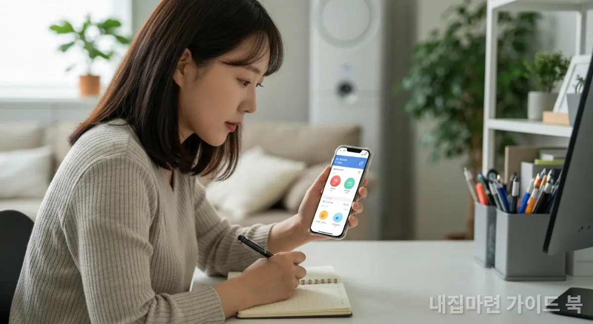 스마트폰 재무 관리 앱으로 가계부를 정리하는 한국인 여성