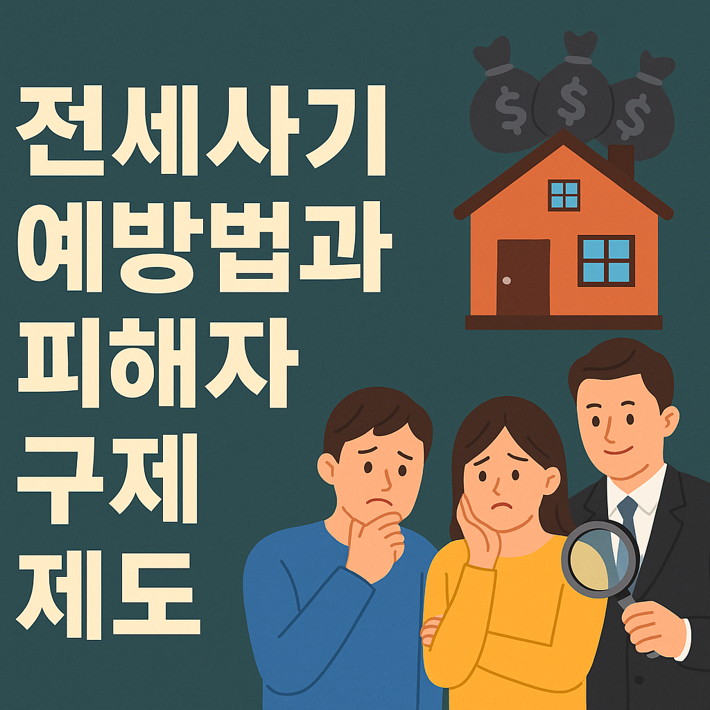 전세사기 예방법과 피해자 구제제도 문구와 집과 사람 3명 모습