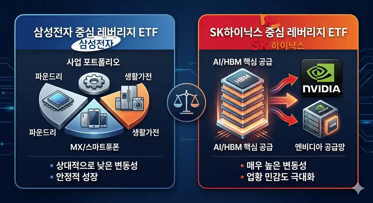 삼성전자 중심 레버리지 ETF의 다각화된 사업 포트폴리오와 SK하이닉스 중심 레버리지 ETF의 AI 및 HBM 엔비디아 공급망 구조를 비교하여 주가 변동성 차이를 설명하는 본문 인포그래픽 이미지