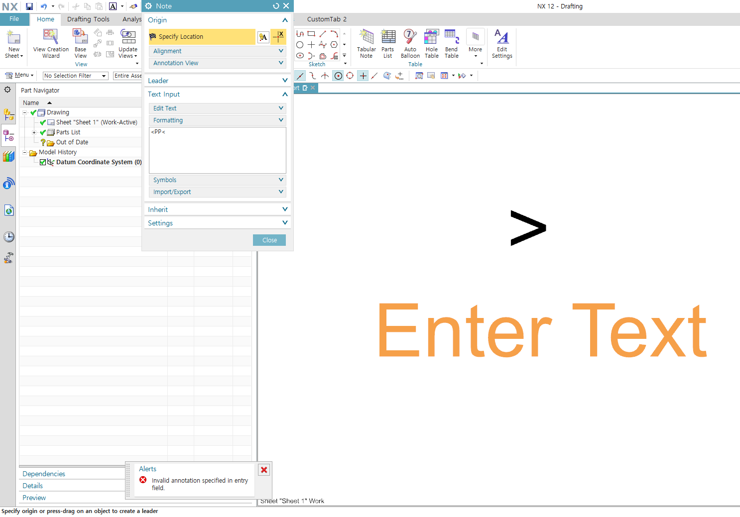 < 도면에 노트에 추가 시 Invalid annotation specified in entry field 오류 발생