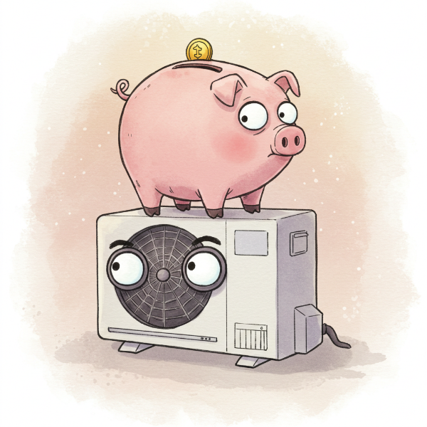 에너지 절약을 상징하는 돼지 저금통과 에어컨, 또는 전기 계량기 숫자가 줄어드는 모습