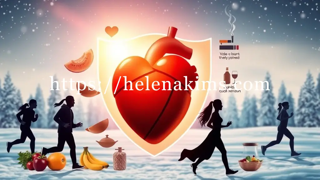 추운 겨울 배경 속에서도 따뜻하게 빛나는 건강한 심장 실루엣이 중앙, 심장 주변에는 건강한 식단(신선한 과일과 채소), 활기찬 운동(가볍게 뛰는 사람 실루엣), 평온한 명상 자세, 금연/절주를 상징하는 깨끗한 이미지, 그리고 정기 검진 아이콘들의 이미지.