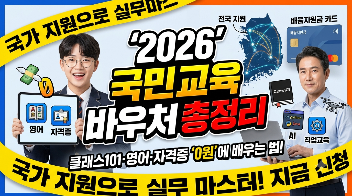 2026년 국민 교육 바우처 총정리 블로그 썸네일 이미지입니다. 이미지 중앙에는 흰색 바탕에 검고 굵은 한글로 "2026 국민 교육 바우처 총정리"라고 쓰여 있으며, 그 아래에는 "클래스101&middot;영어&middot;자격증 '0원'에 배우는 법!"이라는 문구가 작은 파란색 글씨로 적혀 있습니다. 제목 상단과 하단의 노란색 대각선 띠에는 각각 "국가 지원으로 실무 마스터! 지금 신청"이라는 행동 유도 문구가 있습니다. 좌측에는 안경을 쓰고 활짝 웃는 젊은 학생이 '영어', '자격증' 아이콘과 함께 비행기 모양 돈(0원)이 표시된 태블릿을 들고 있습니다. 우측에는 차분한 중년 남성이 노트북을 사용하며, 노트북 화면에는 'AI', '직업교육' 아이콘이, 주변에는 'Class101' 책, 드론, 코딩(Python, Java) 아이콘이 떠 있습니다. 배경에는 한반도 지도와 '전국 지원' 표시, 그리고 배움 지원금 카드가 보입니다. 전체적으로 밝고 활기차며 가독성이 높은 디자인입니다.