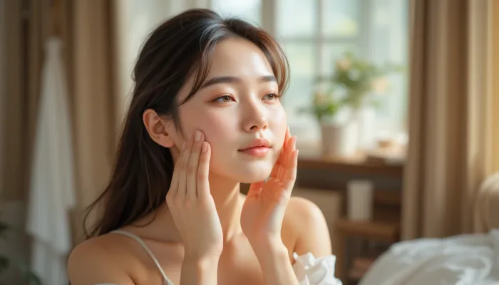 집에서 얼굴 마사지로 피부 탄력 관리하는 한국인 여성