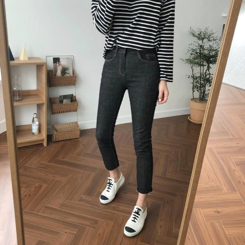 생지 데님 흑청 하이웨스트 여자기모청바지 일자 스키니 밴딩진 여성블랙진 진청바지 흑청바지