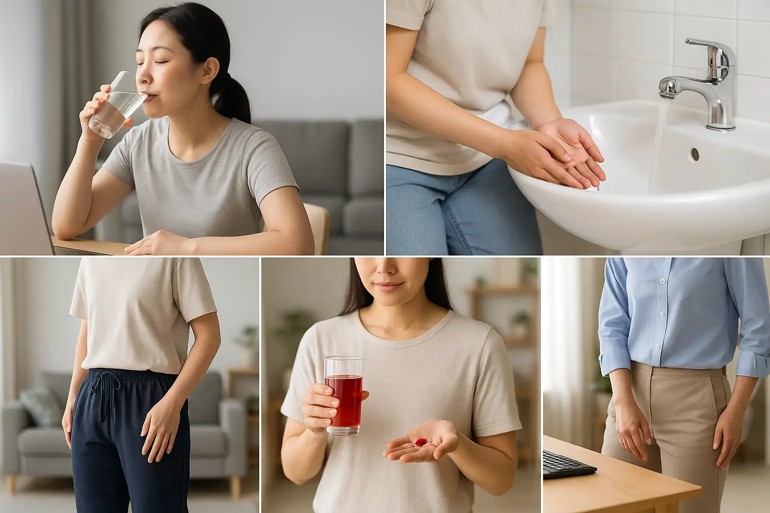 물을 자주 마시는 장면, 미온수로 외음부를 세척하는 사람, 꽉 끼는 바지 대신 편안한 옷차림, 크랜베리 음료나 보조식품을 섭취하는 모습