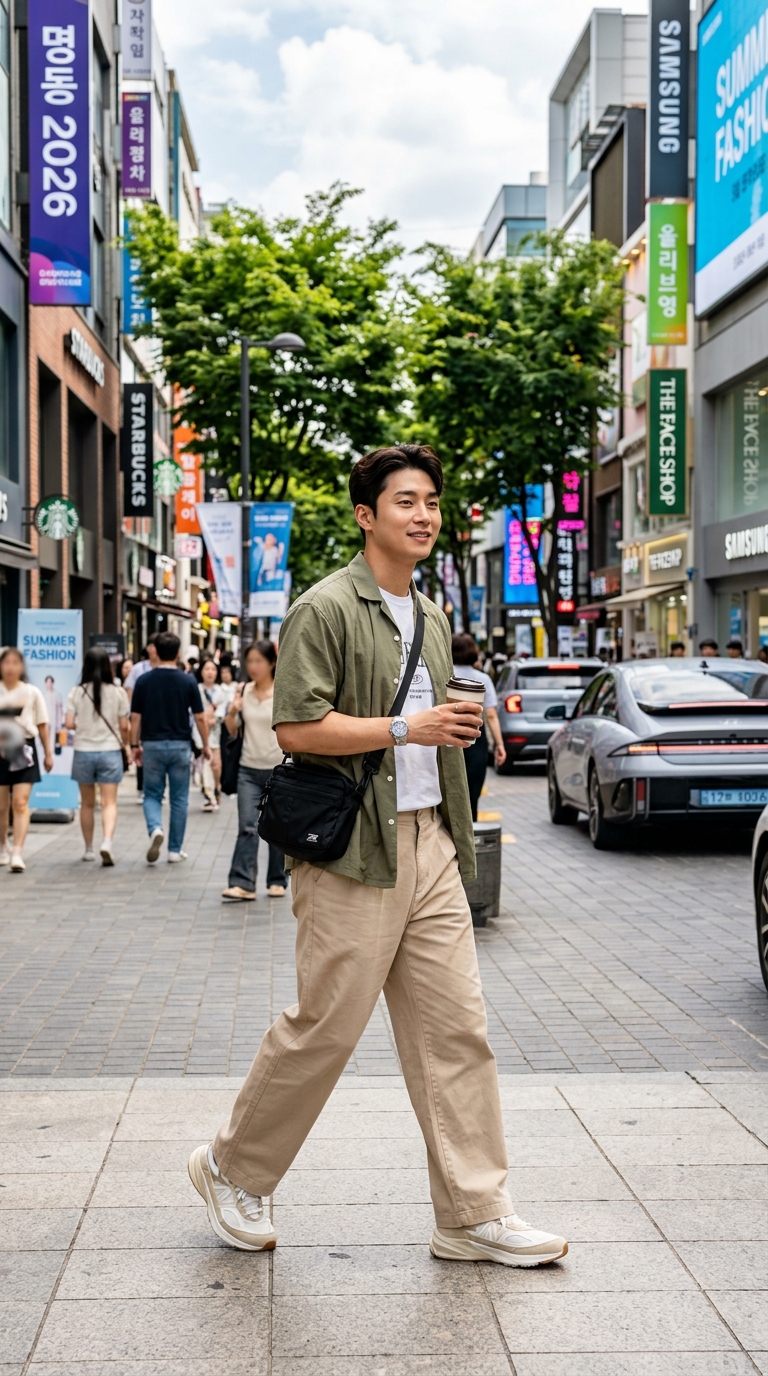 거리에서 세련된 베이지 와이드팬츠를 입고 걷고 있는 남성의 전신 모습