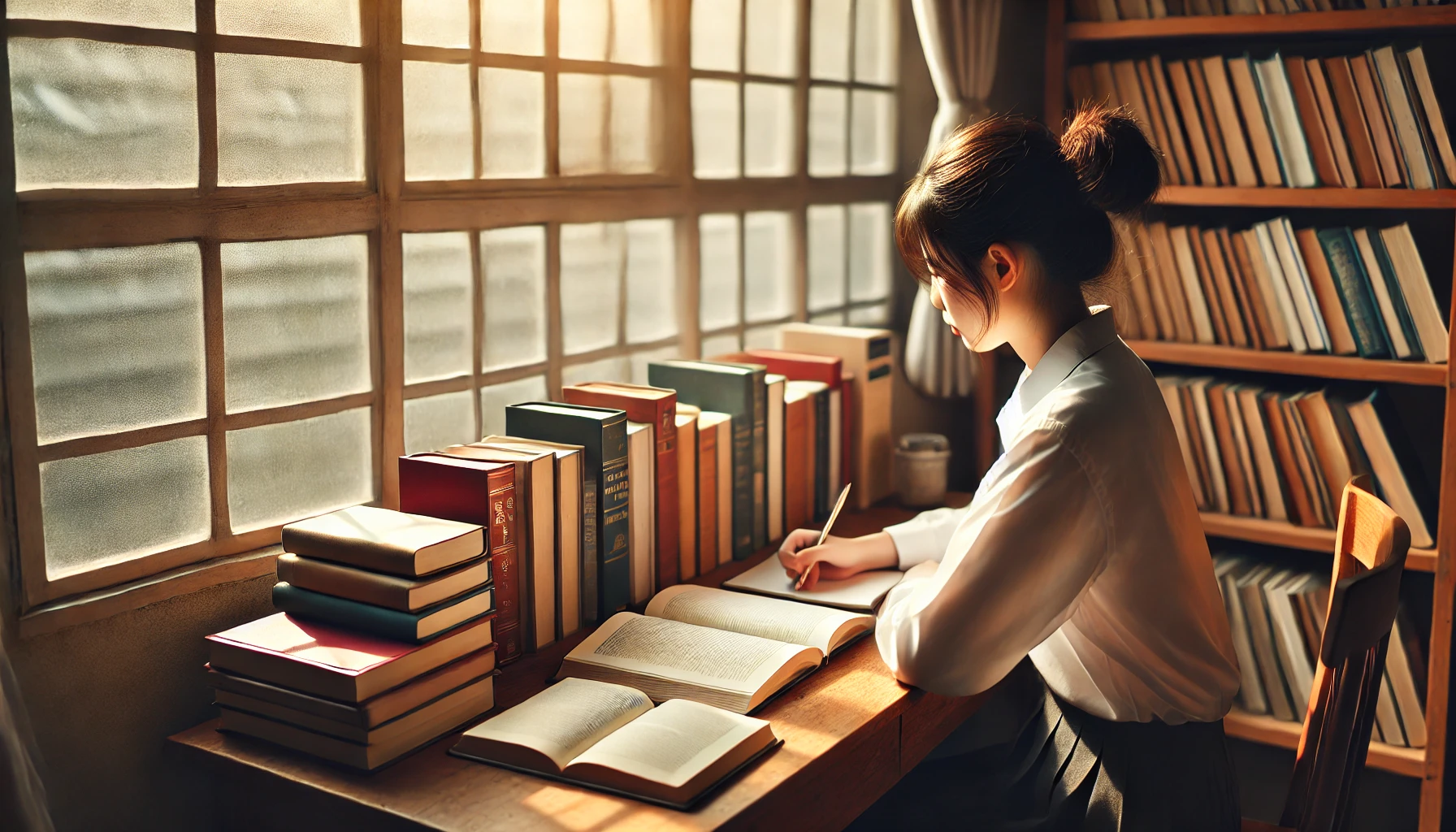 차분하고 따뜻한 동양적 분위기 속에서 학생이 다양한 책을 읽고 있는 모습