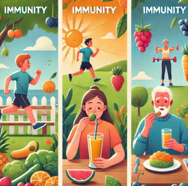 어린이, 성인, 노년층의 면연력 강화와 관련된 그림