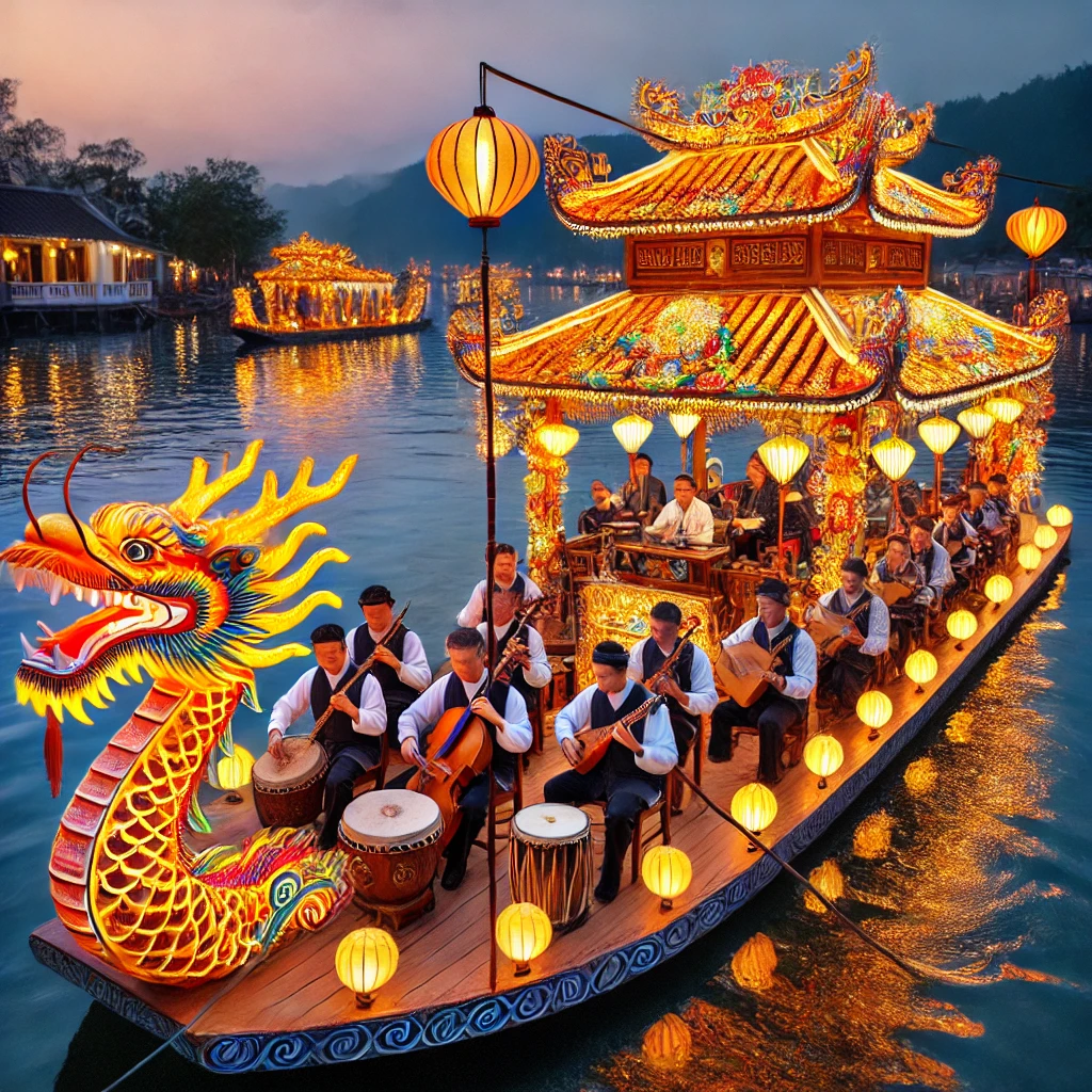 향강 위를 떠다니는 전통 용선(드래곤 보트)에서 펼쳐지는 음악 공연
