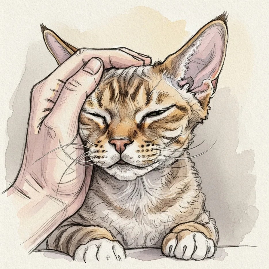 사람의 손길을 즐기는 애교 많은 데본렉스 고양이