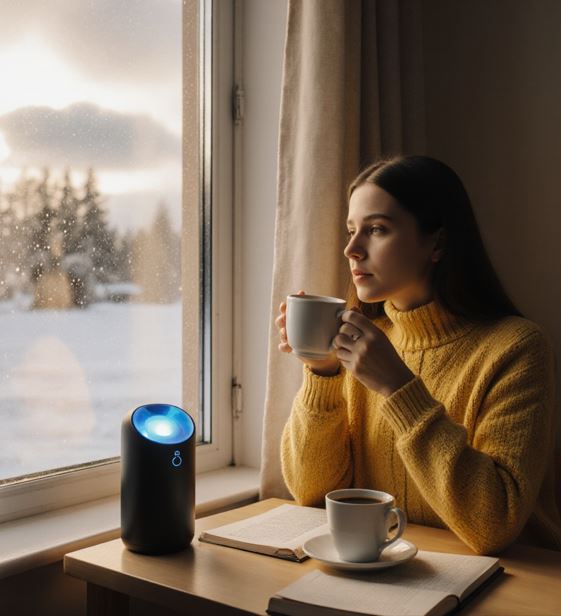 흐린 겨울 하늘이 보이는 창가에 앉아 광치료기 앞에서 창밖을 보며 아침 커피를 마시는 사람의 모습