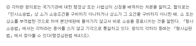 각하의 넓은 의미와 좁은 의미, 그리고 행정심판법 등에서의 쓰임새를 정리한 화면