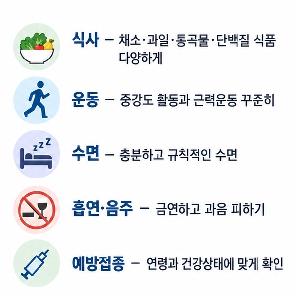 균형 잡힌 식사 운동 수면 금연과 절주 예방접종을 면역 건강의 기본 생활습관으로 정리한 표