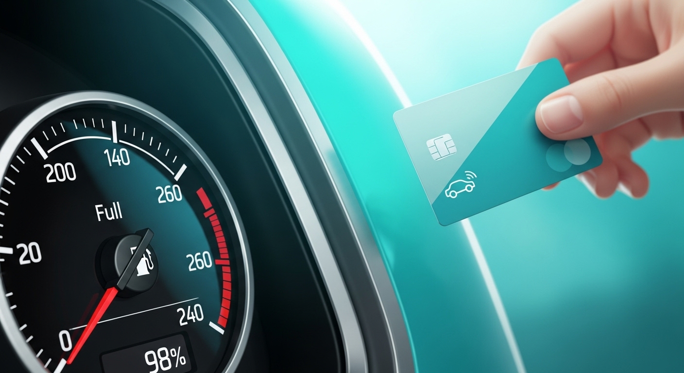 가득 찬 자동차 연료 게이지와 주유 카드를 손에 든 모습, 경차사랑카드로 손쉽게 주유비를 절약하는 것을 상징합니다.
