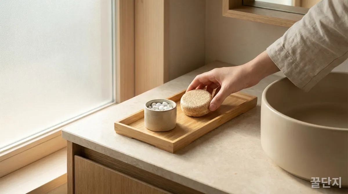 욕실 세면대에 놓인 샴푸바와 고체 치약