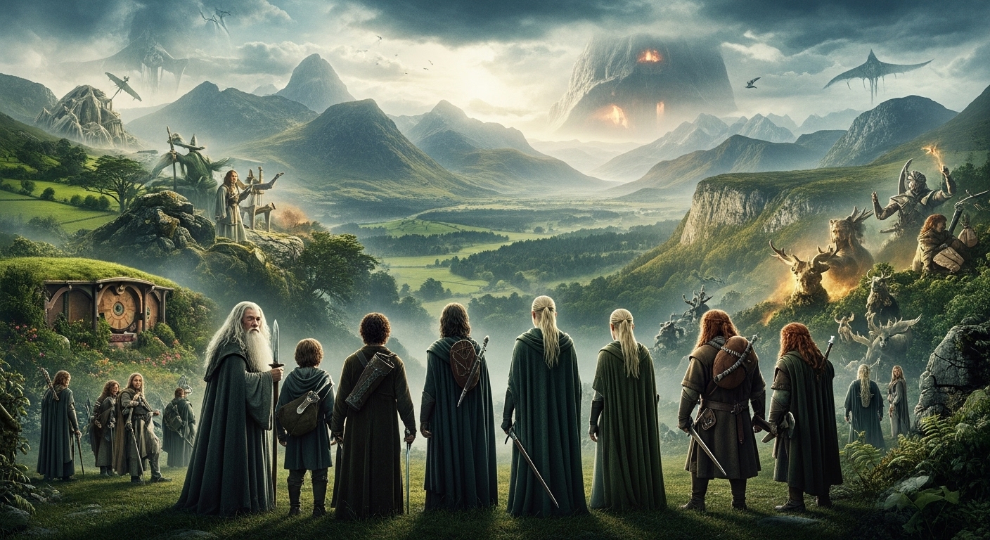 반지의 제왕 주요 등장인물들이 모여 중간계의 장대한 풍경을 배경으로 서 있는 모습. 샤이어의 평화로움과 모르도르의 위협적인 분위기가 한 장면에 담겨있어 영화의 웅장함을 잘 나타냅니다.