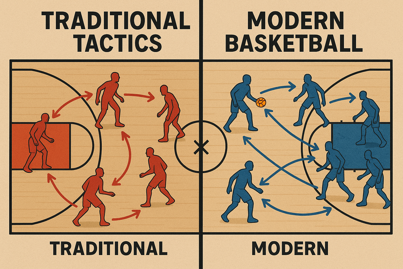 전통 농구 전술과 현대 농구 전략의 움직임 흐름 비교