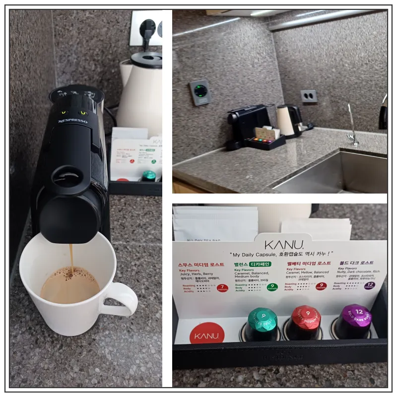 왼쪽에-검은색-커피머신에서-커피-내리는-모습-흰색컵에-커피가-담기고-있음-오른쪽-위에-이를-전체적으로-찍은-사진-커피커신과-그주변-오른쪽-아래에는-커피캡슐-4개중-3개-들어있는-모습