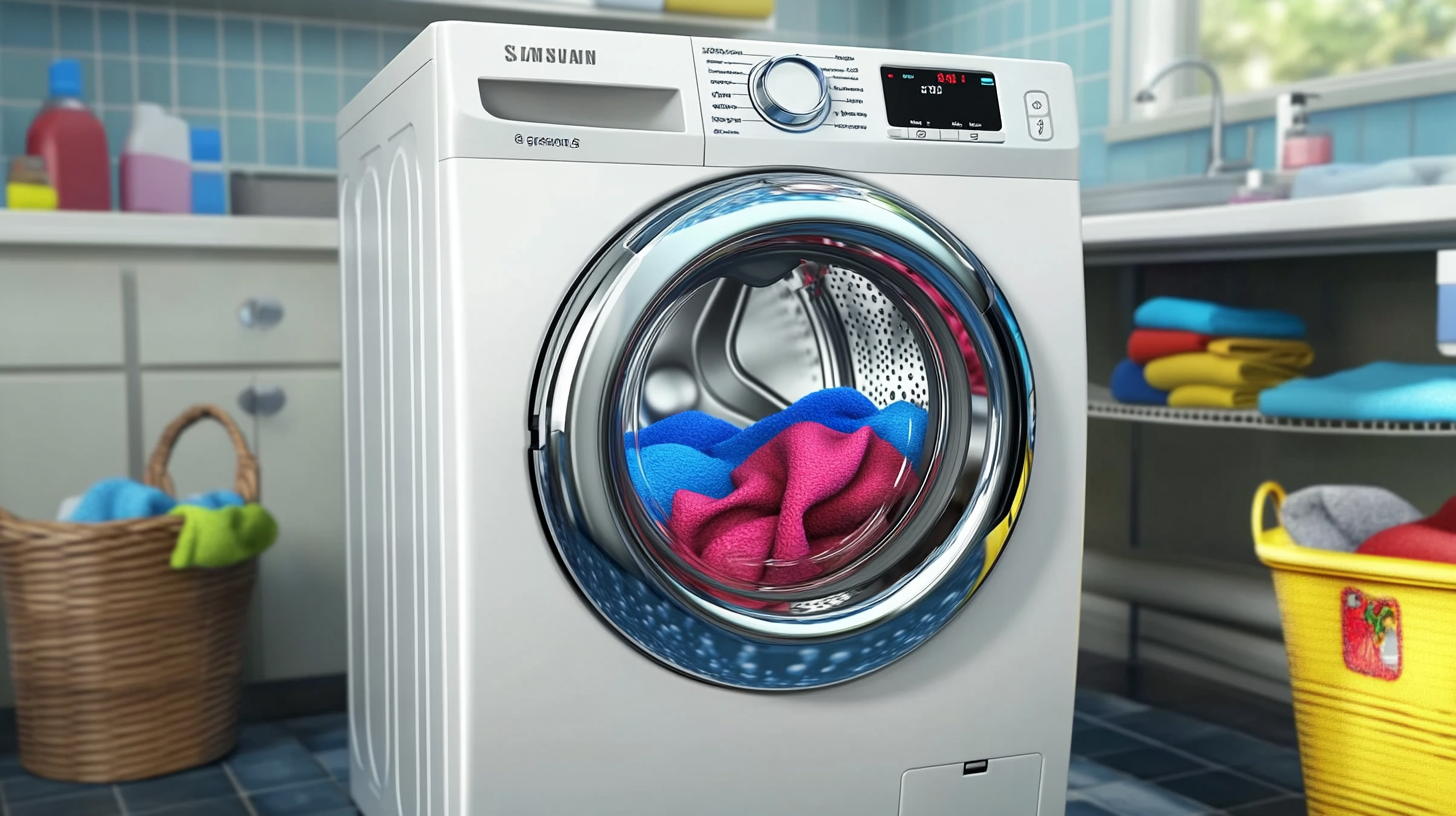 삼성 그랑데 세탁기가 버블 세탁 기술을 통해 다채로운 색상의 옷을 부드럽게 세탁하는 장면을 보여줍니다.