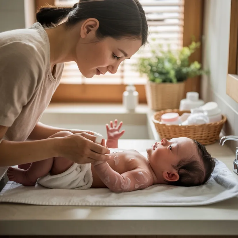 신생아 아토피가 있는 아기를 목욕 후 보습제를 바르고 있는 이미지