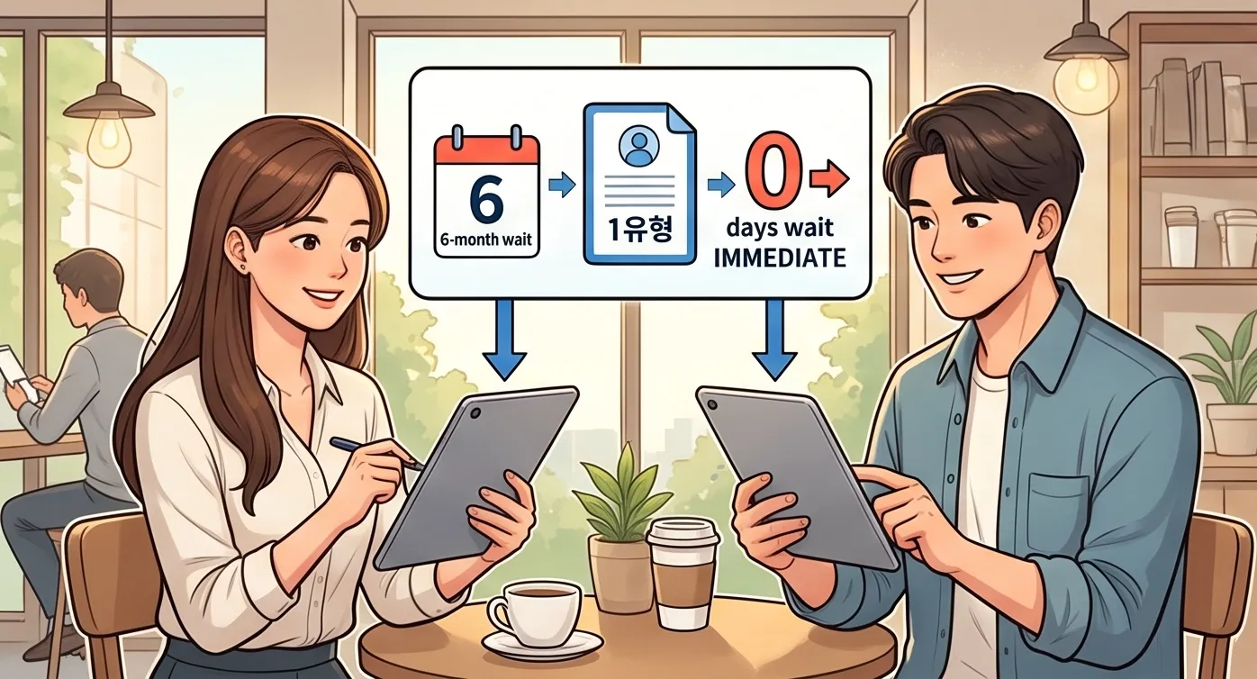 카페에서 태블릿을 보며 국민취업지원제도 1유형은 6개월 대기, 2유형은 대기 없이 즉시 신청 가능한 수급 조건을 확인하는 남녀 구직자
