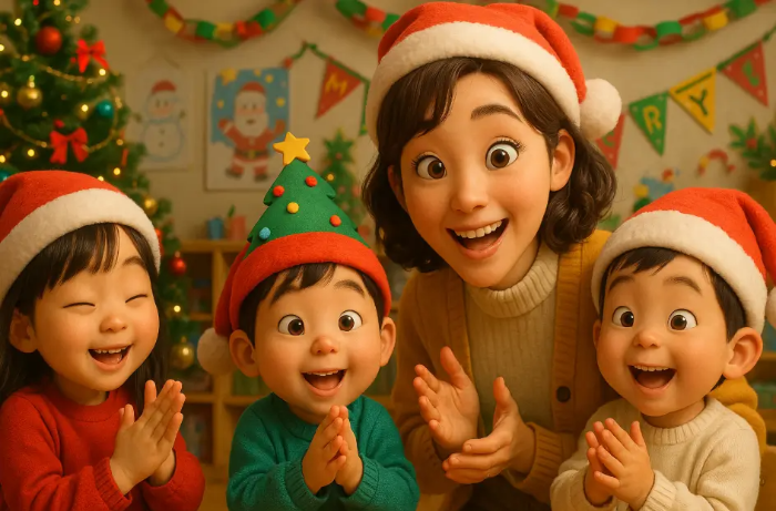 유치원선생님과 유치원생들 연말 행사