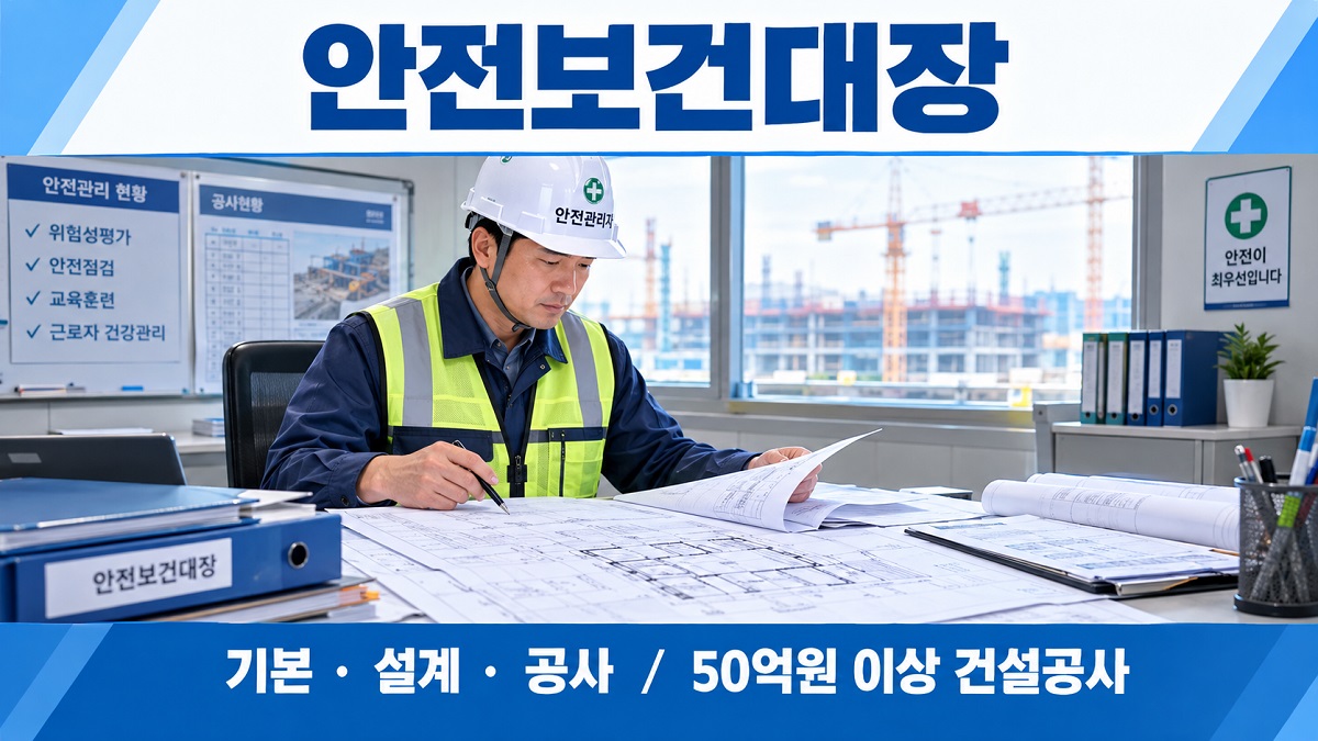 건설현장 안전관리자가 설계안전보건대장과 공사 도면을 놓고 공사안전보건대장 작성 내용을 검토하는 모습