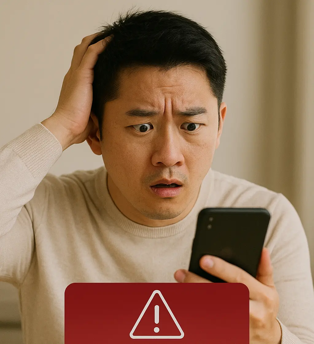 휴대폰으로 카드 연체 알림을 확인하며 당황하는 남성의 표정
