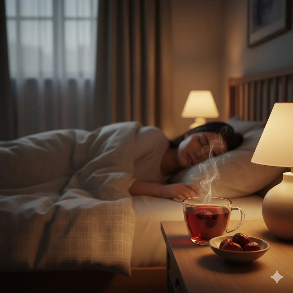 따뜻한 조명이 비추는 아늑한 침실에서 한 사람이 이불을 덮고 편안하게 잠들어 있습니다. 침대 옆 협탁에는 김이 모락모락 나는 대추차 한 잔과 소량의 말린 대추가 놓여 있습니다. 전반적으로 평화롭고 안정감을 주는 분위기입니다.