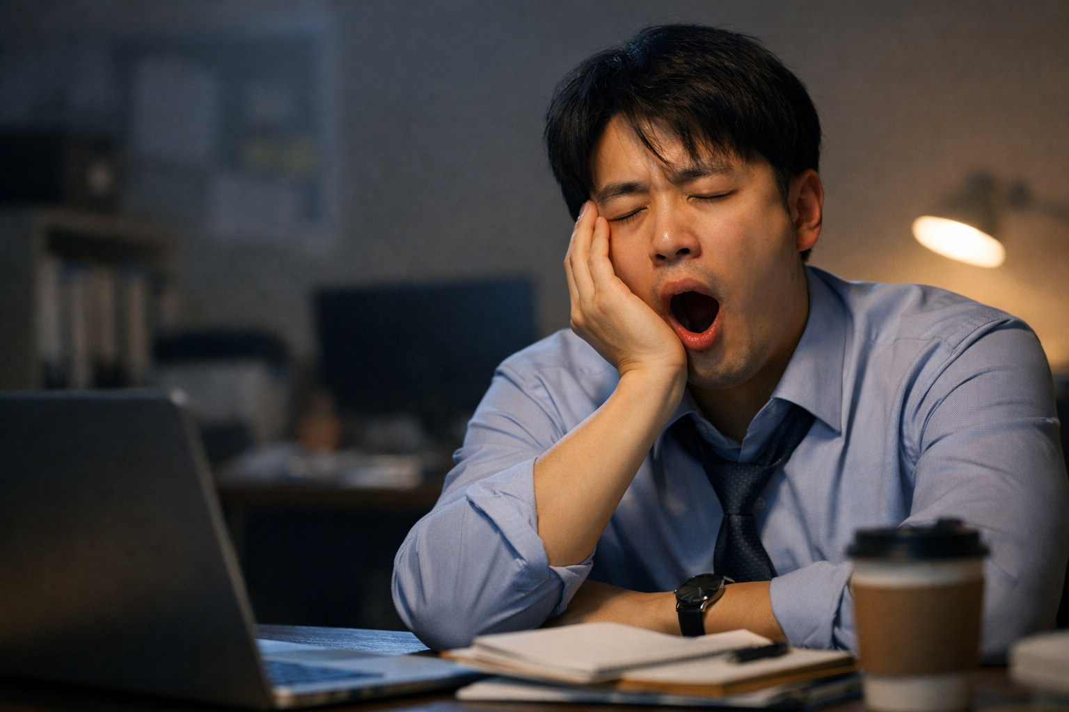낮 동안 졸음을 느끼는 남성 직장인의 모습, 과다수면증과 수면장애 증상을 설명하는 이미지
