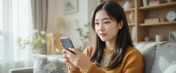 스마트폰으로 건강검진 알림을 확인하는 여성의 모습