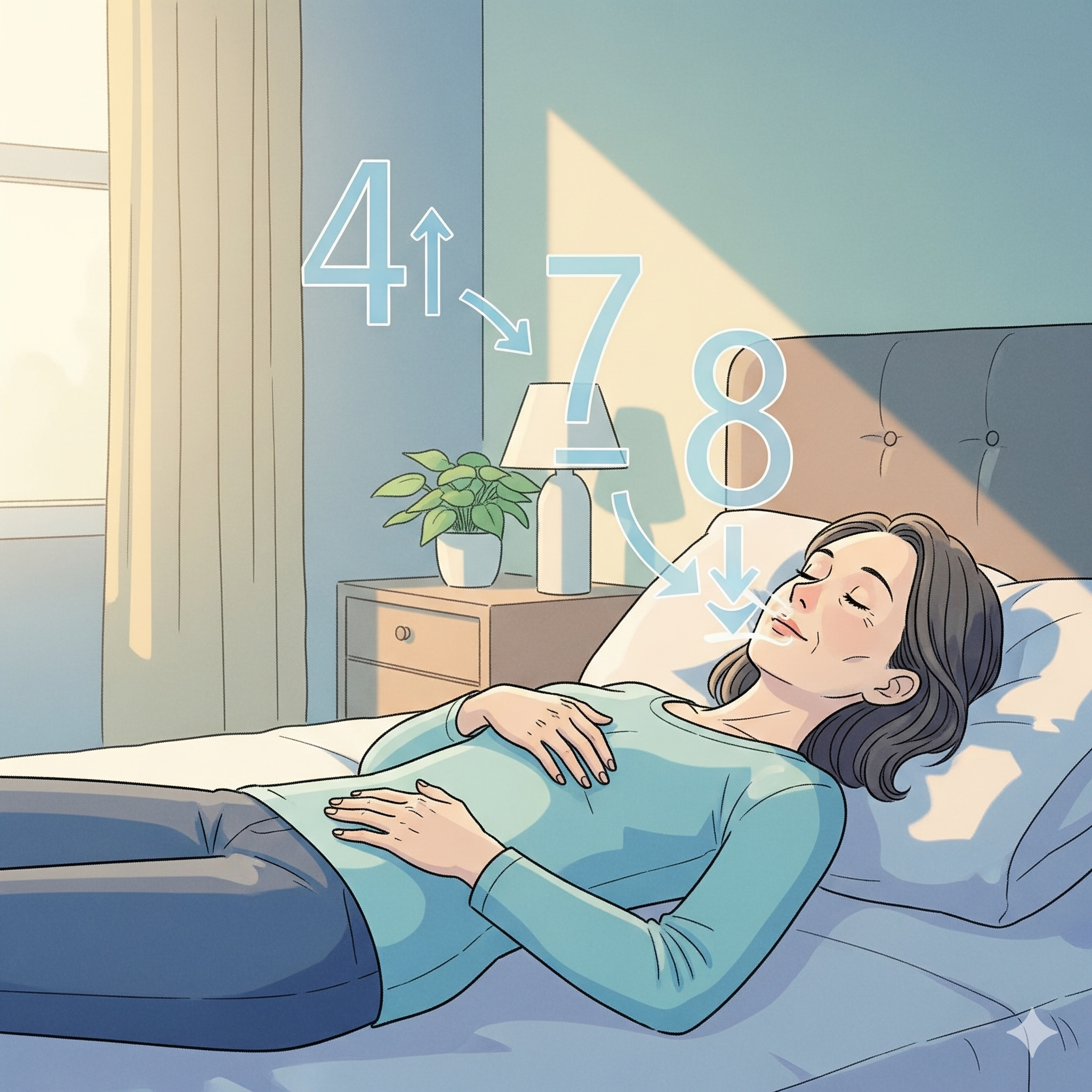 침실에서 50대 여성이 침대에 누워 4-7-8 호흡법을 실시하는 모습
