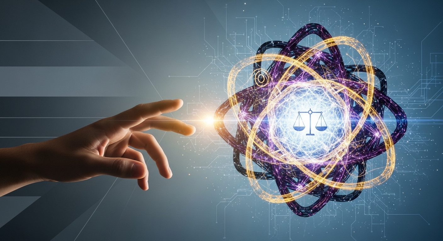 혁신적인 생성형 AI 기술과 윤리적 책임의 균형을 시각적으로 표현한 이미지. 푸른색과 회색 톤으로 미래 기술과 인간의 상호작용을 강조하며 AI의 양면성을 상징합니다.