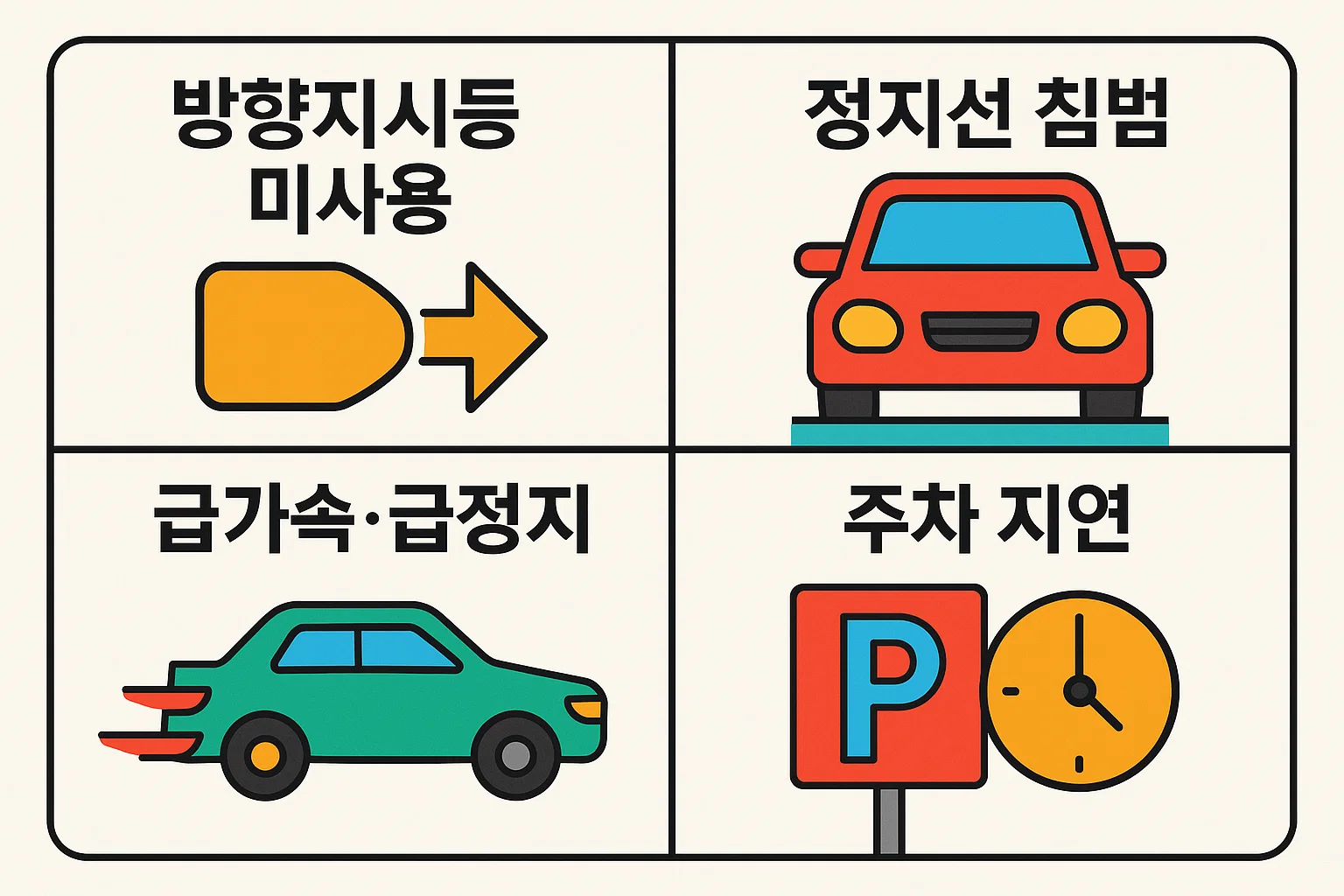 도로주행 시험에서 방향지시등 미사용, 정지선 침범, 급가속 급정지, 주차 지연 등 실격이나 감점으로 이어지는 주요 실수 사례와 주의사항을 정리한 인포그래픽