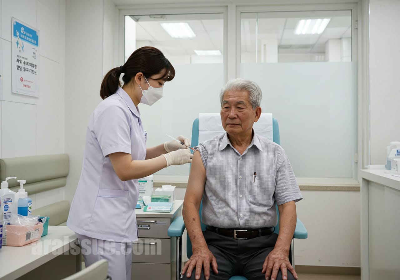 한국의 고령자가 현대적인 병원 환경에서 폐렴 예방접종을 받는 모습. 의료진이 주사를 진행하는 장면.