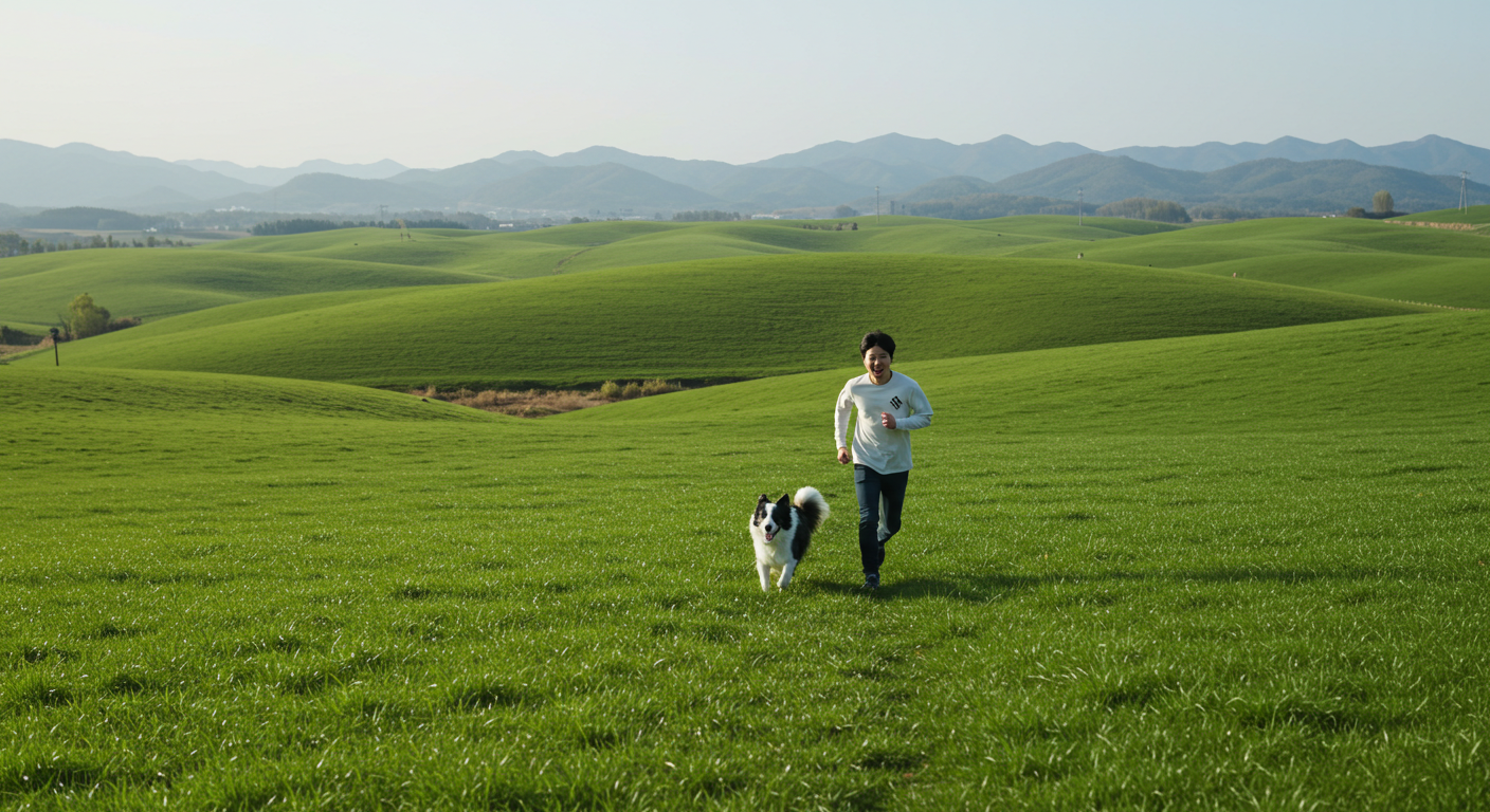 평창 대관령 양떼목장 주변 초원에서 반려견과 뛰노는 한국인