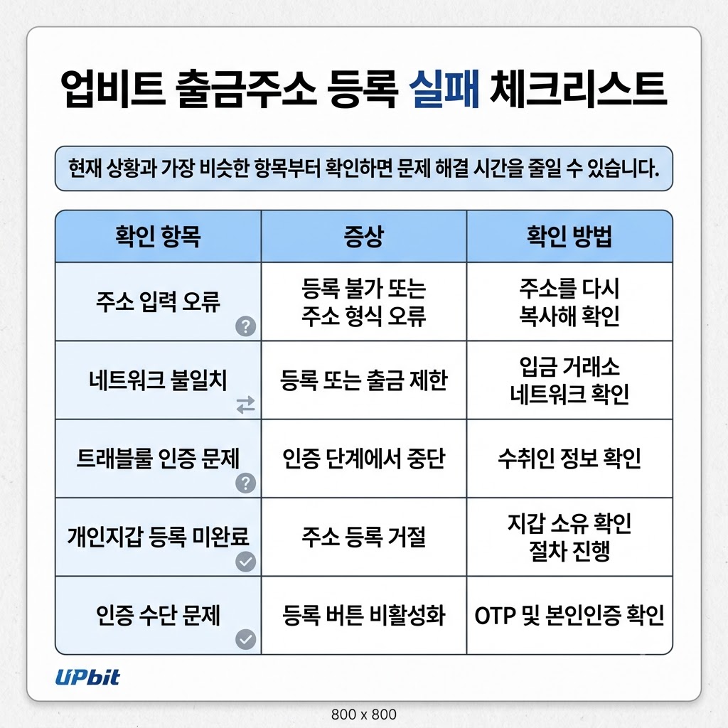 업비트 출금주소 등록 실패 원인별 체크표 이미지